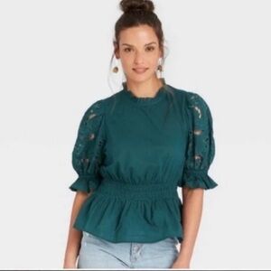 Women's Green Top with Eyelet Sleeves